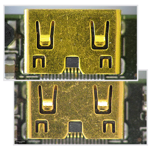 Two photos of the same sample captured on a previous version of the camera used in the FHD microscopes and the new, showing the image quality difference.