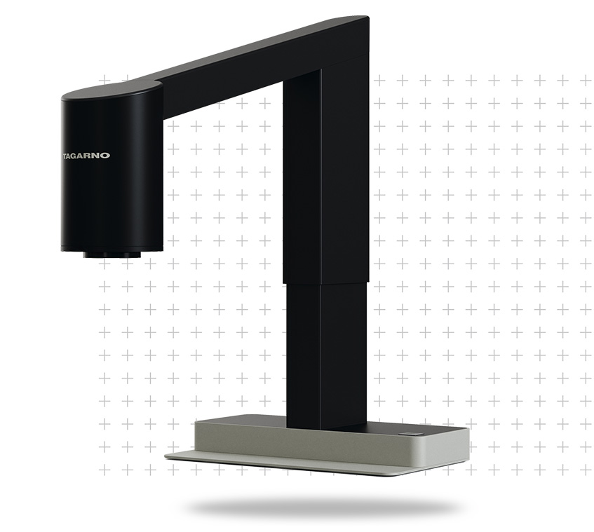 A hovering TAGARNO T50 on a textured background consisting of a pattern of plus icons