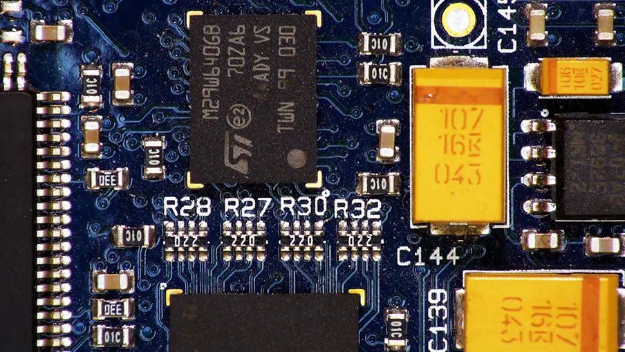 A magnified printed circuit board