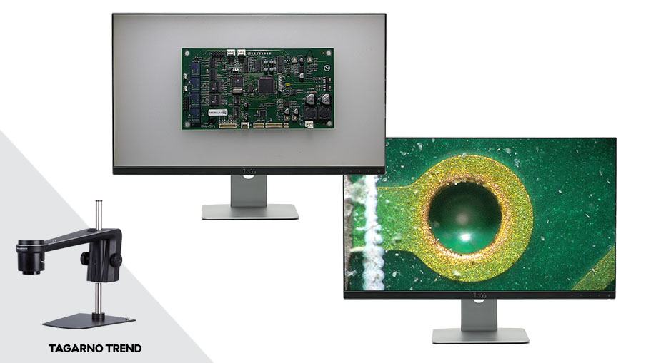 TAGARNO TREND with two monitors showing a PCBA at the microscope's minimum and maximum field of view