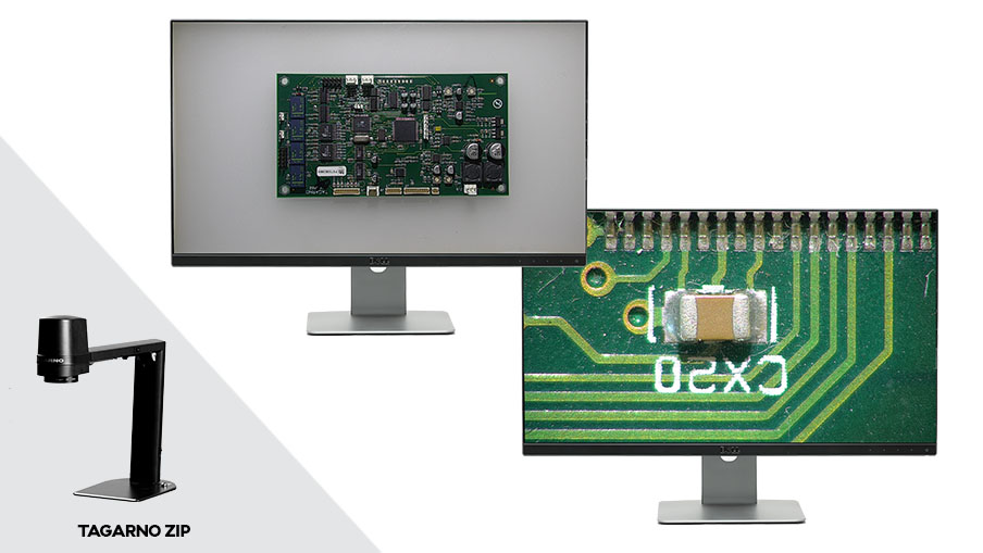 TAGARNO ZIP with two monitors showing a PCBA at the microscope's minimum and maximum field of view