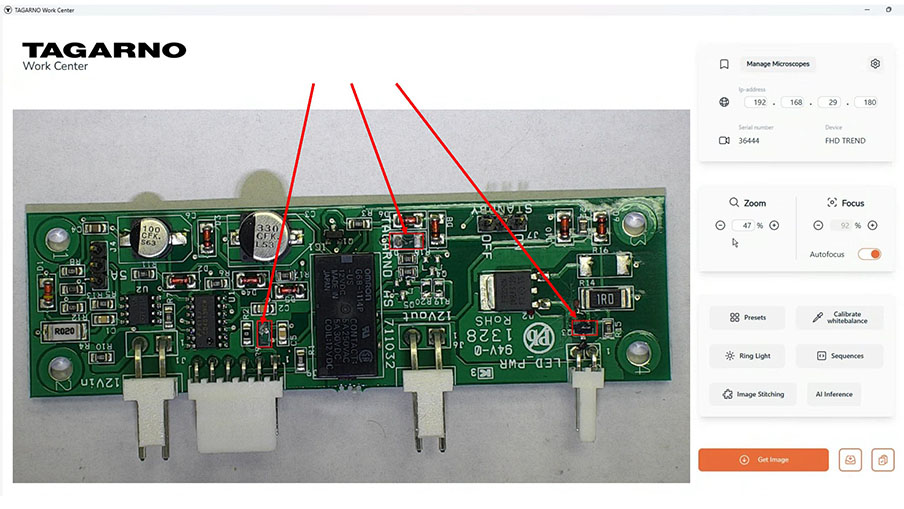 Screenshot from TAGARNO's AI-powered microscopy platform with magnified PCB and three detected defects